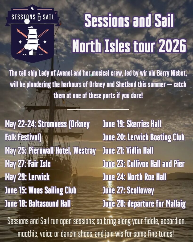 The tall ship Lady of Avenel and her musical crew, led by wir ain Barry Nisbet, will be plundering the harbours of Orkney & Shetland this summer - catch them at one of these ports if you dare! May 22-24: Stromness (@orkneyfolkfest)
May 25: Pierowall Hotel, Westray
May 27: Fair Isle
May 29: Lerwick
June 15: Waas Sailing Club
June 18: Baltasound Hall
June 19: Skerries Hall
June 20: Lerwick Boating Club
June 21: Vidlin Hall
June 23: Cullivoe Hall and Pier
June 24: North Roe Hall
June 27: Scalloway
June 28: depart Scalloway for Mallaig