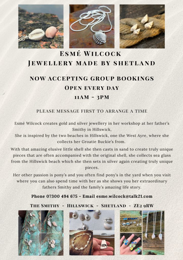 Esmé Wilcock 
Jewellery made by shetland

now accepting group bookings
Open every day
11am - 3pm

please message first to arrange a time

Phone 07300 494 675 - Email esme.wilcock@talk21.com

The Smithy  -  Hillswick  -  Shetland  -  ZE2 9RW